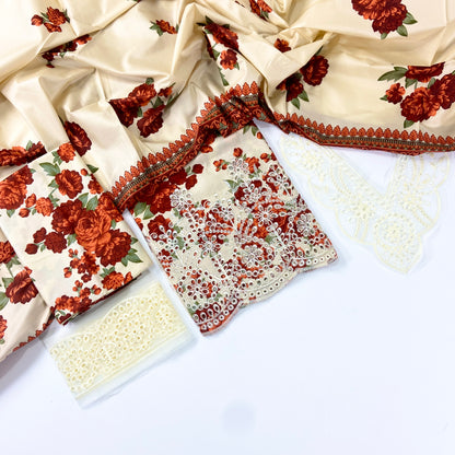 Baroque Printed Linen With Embroidered Patches-3PC