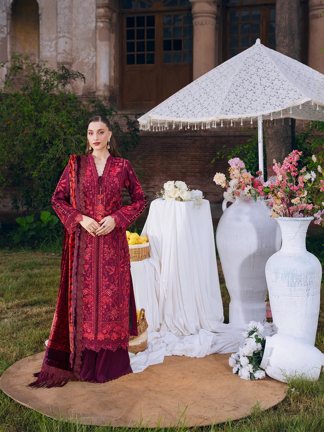 Amelia By Mahnur Luxury Embroidered Corduroy With Palachi Shawl 3PC