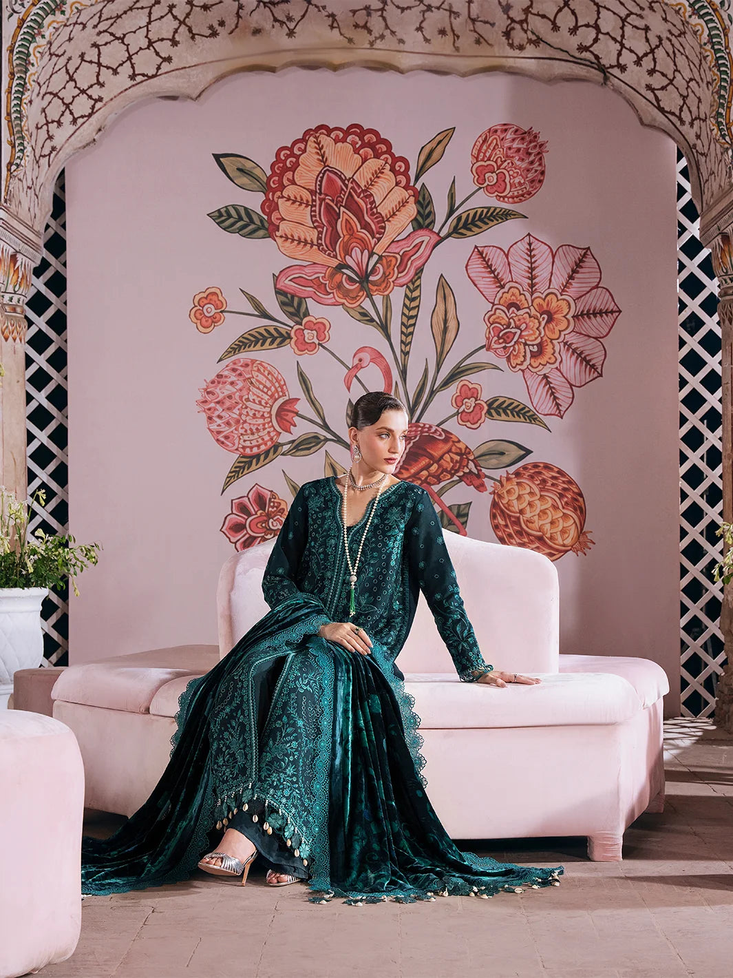Amelia By Mahnur Luxury Embroidered Corduroy With Palachi Shawl 3PC