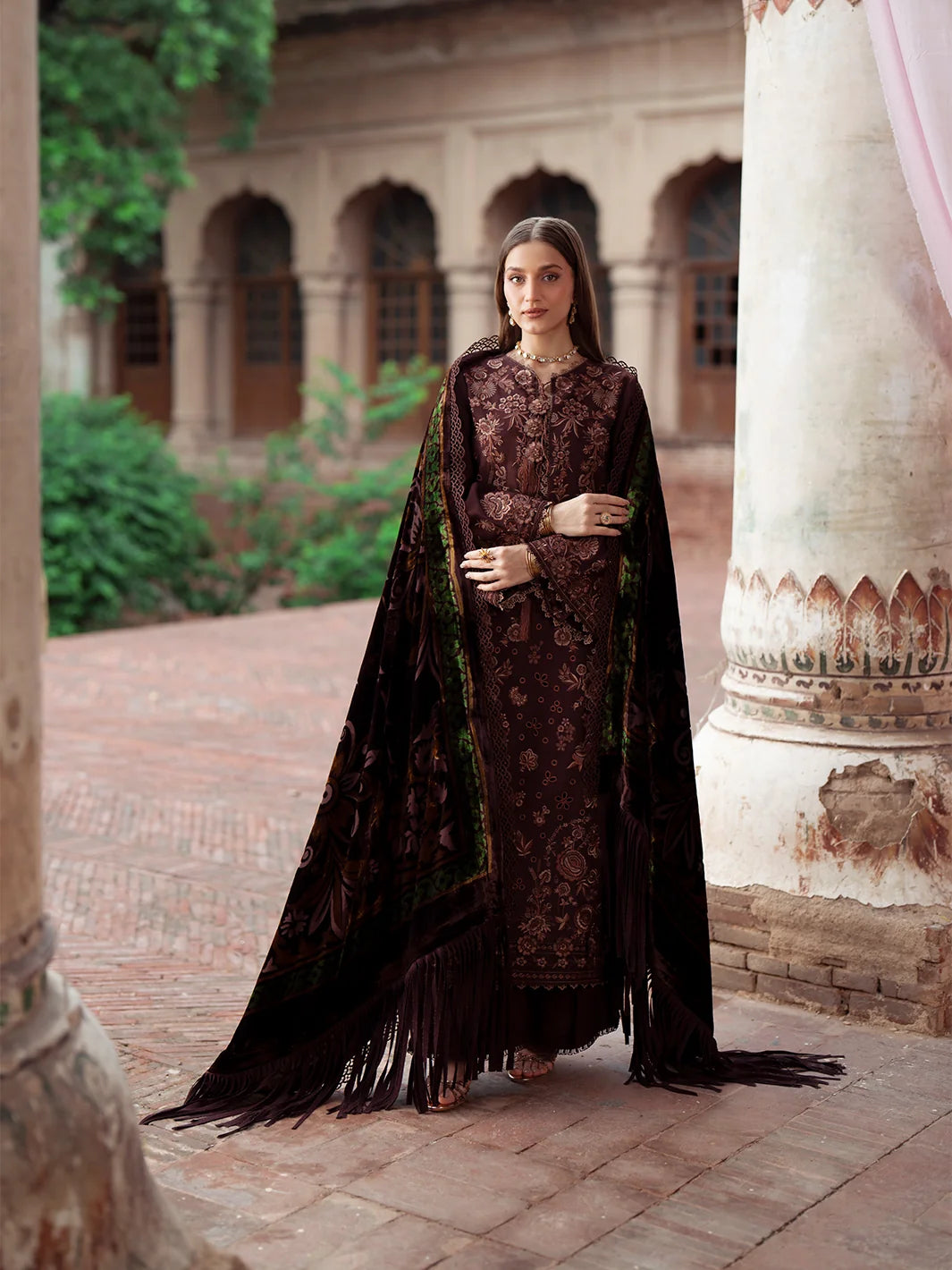 Amelia By Mahnur Luxury Embroidered Corduroy With Palachi Shawl 3PC