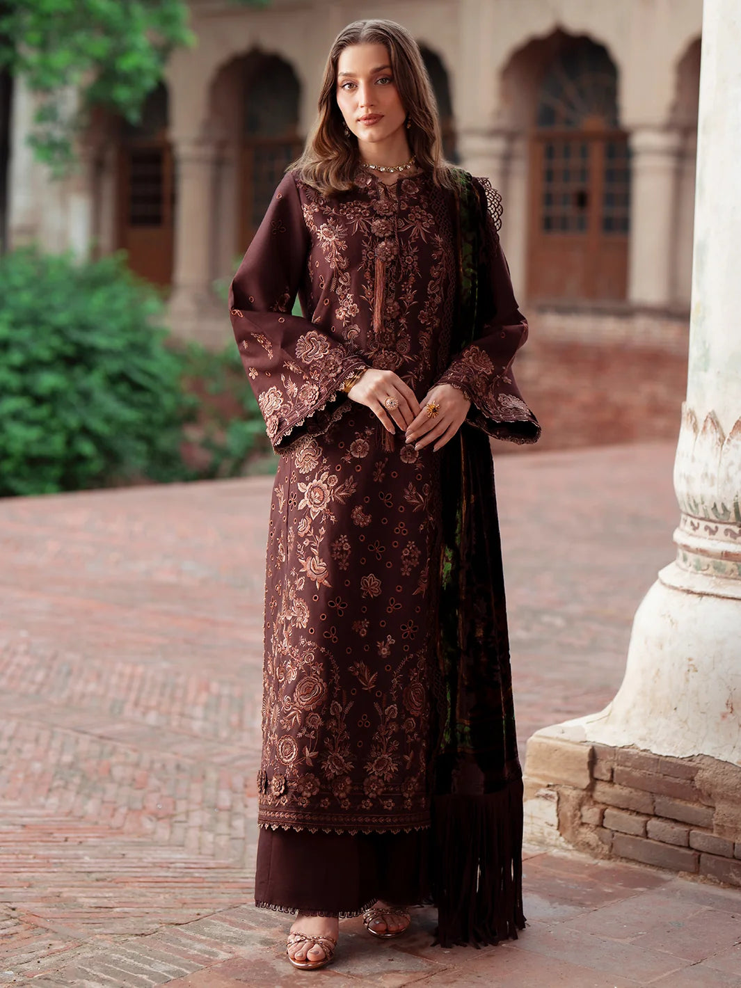 Amelia By Mahnur Luxury Embroidered Corduroy With Palachi Shawl 3PC