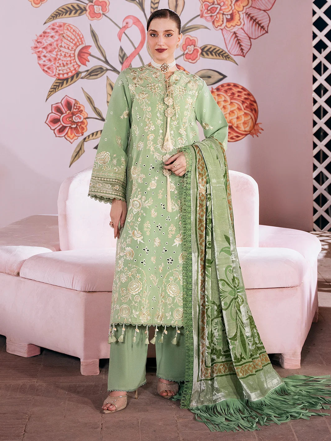 Amelia By Mahnur Luxury Embroidered Corduroy With Palachi Shawl 3PC