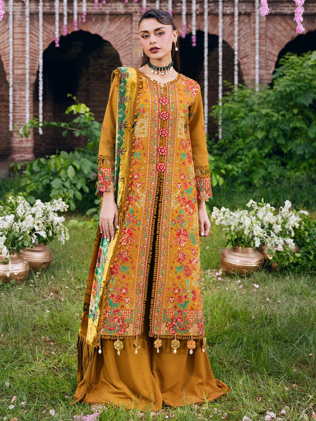 Amelia By Mahnur Luxury Embroidered Corduroy With Palachi Shawl 3PC