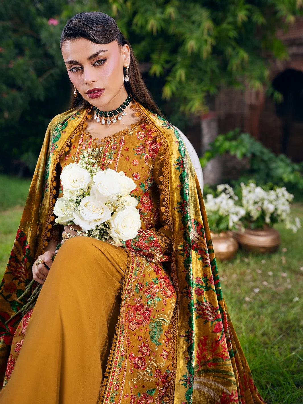 Amelia By Mahnur Luxury Embroidered Corduroy With Palachi Shawl 3PC