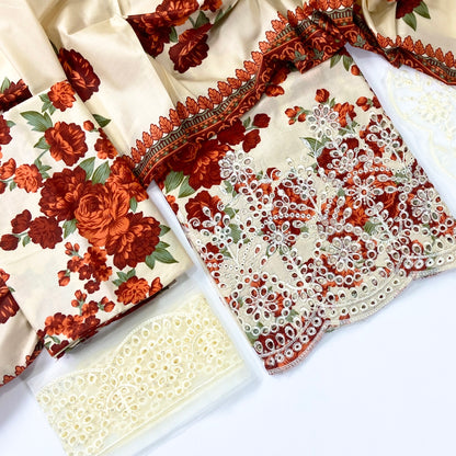 Baroque Printed Linen With Embroidered Patches-3PC