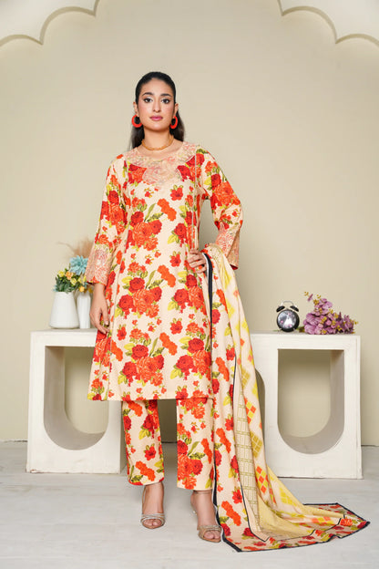 Baroque Printed Linen With Emb Patches 3PC