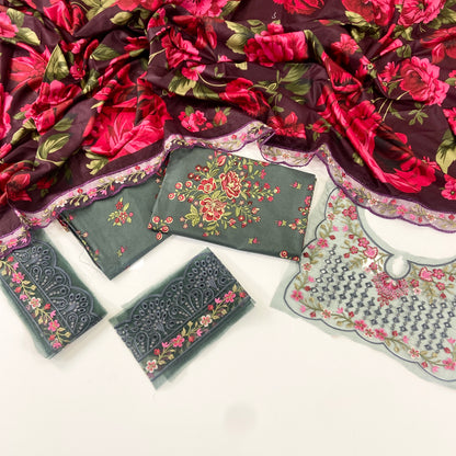 Iznik Printed Linen With Embroidered Patches-3PC