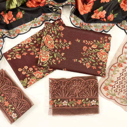 Iznik Printed Linen With Embroidered Patches-3PC