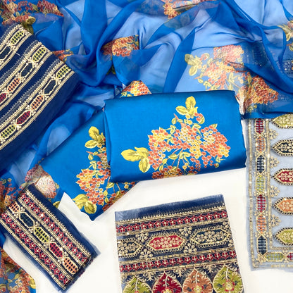 Printed Silk With Embroidered Patches 3PC