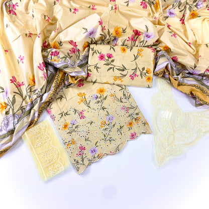 Qalamkar Printed Linen With Embroidered Patches-3PC