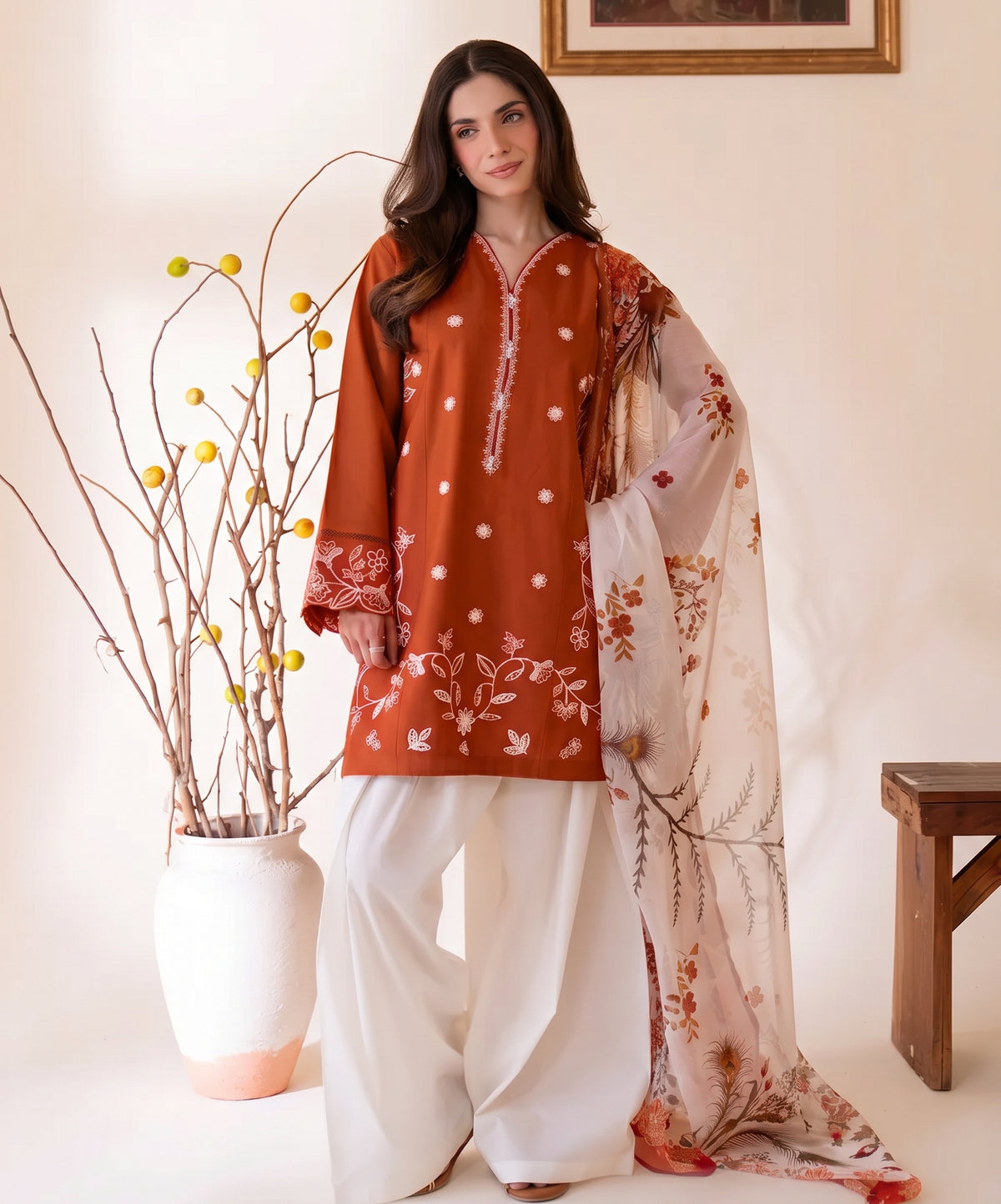 Rumi Plain Embroidered Dhanak 3PC