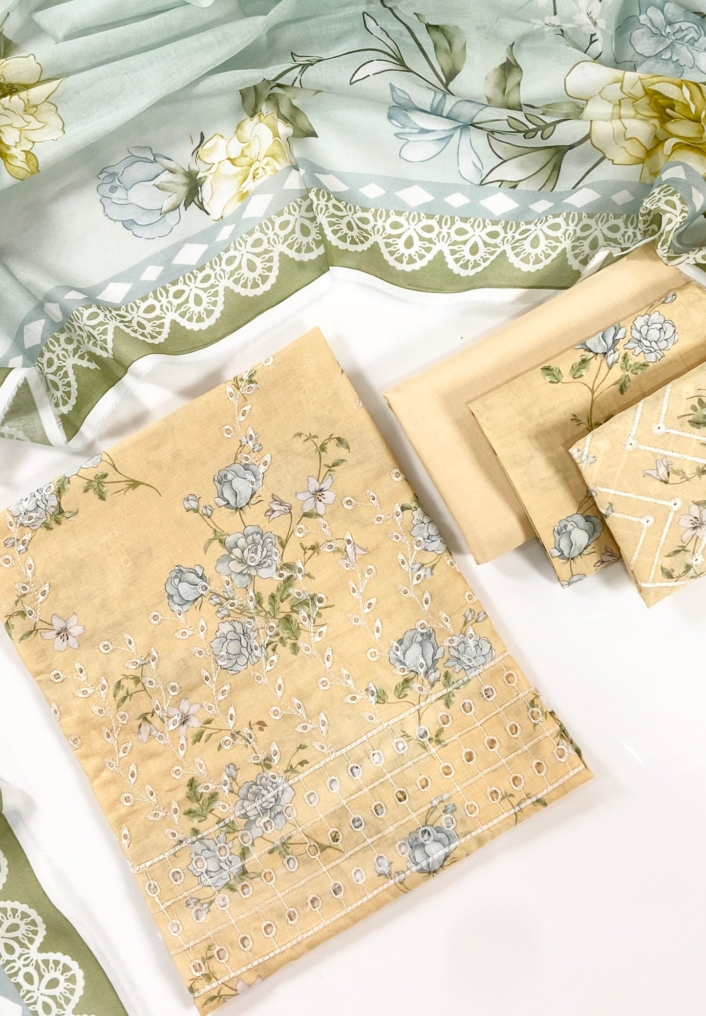 Shanaya Digital Print Chickenkari Lawn With Voil Lawn Dupatta 3PC