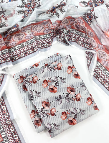 Petals & Paisley By Almeerah Premium Printed Stripe Lawn 3PC