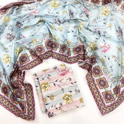 Petals & Paisley By Almeerah Premium Printed Stripe Lawn 3PC