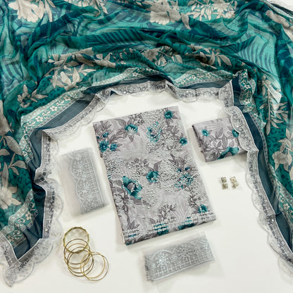 Farasha Embroiderd & Digital Printed Lawn With Patches 3PC
