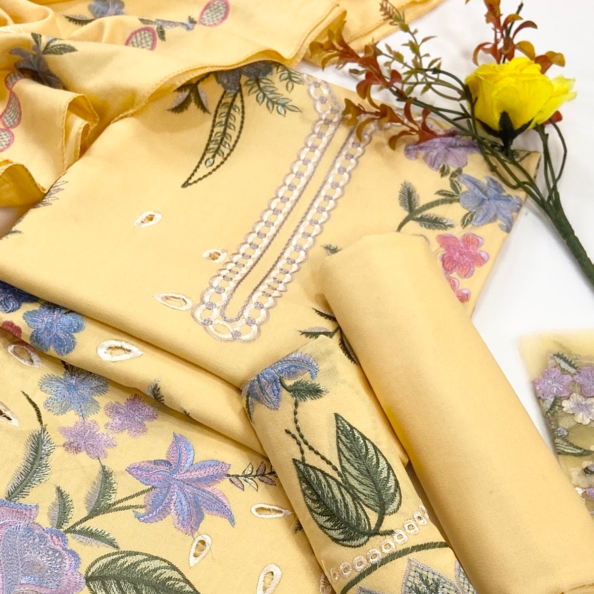 Laam Plain Emb Dhanak 3-Piece Suit