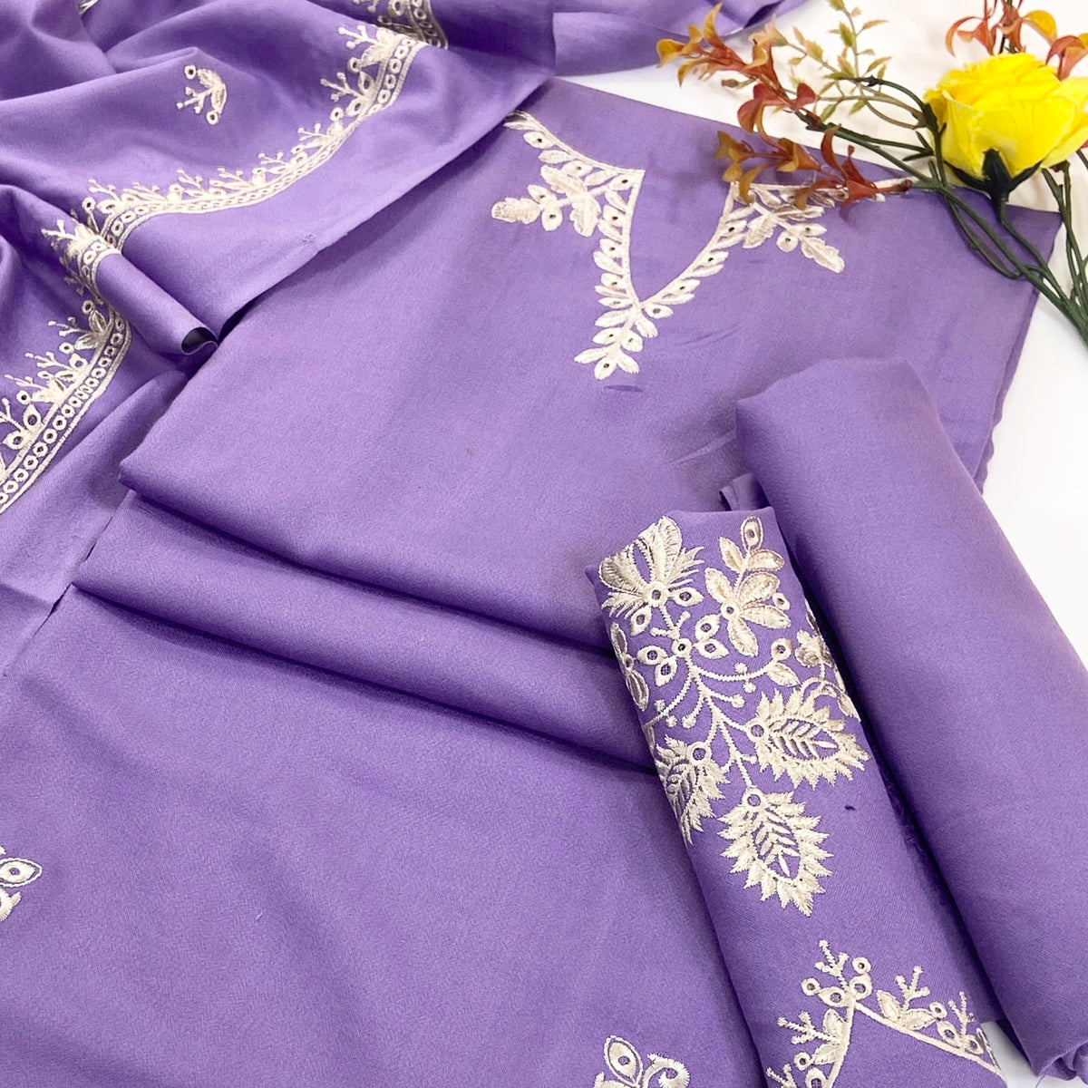 Laam Plain Emb Dhanak 3-Piece Suit