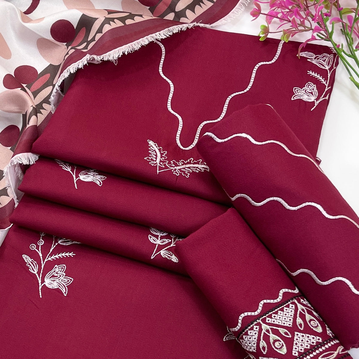 Rangrez Plain Embroidered Dhanak 3PC