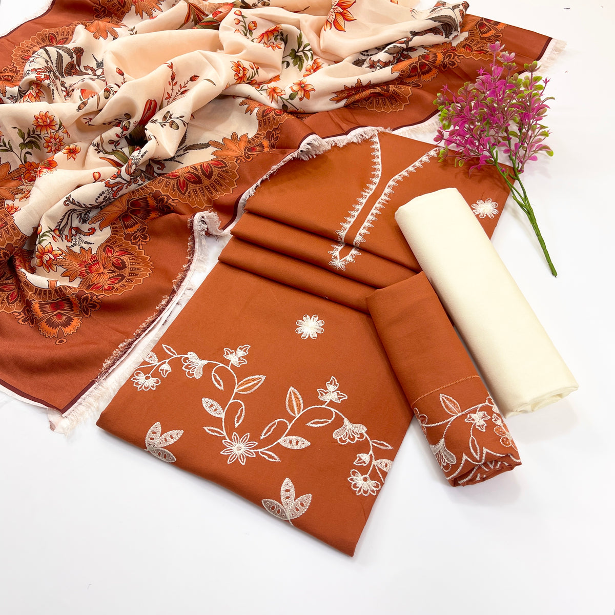 Rumi Plain Embroidered Dhanak 3PC