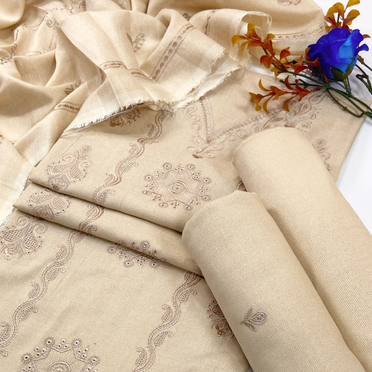 Chamki Fancy Light Emb Wool Peach 3PC
