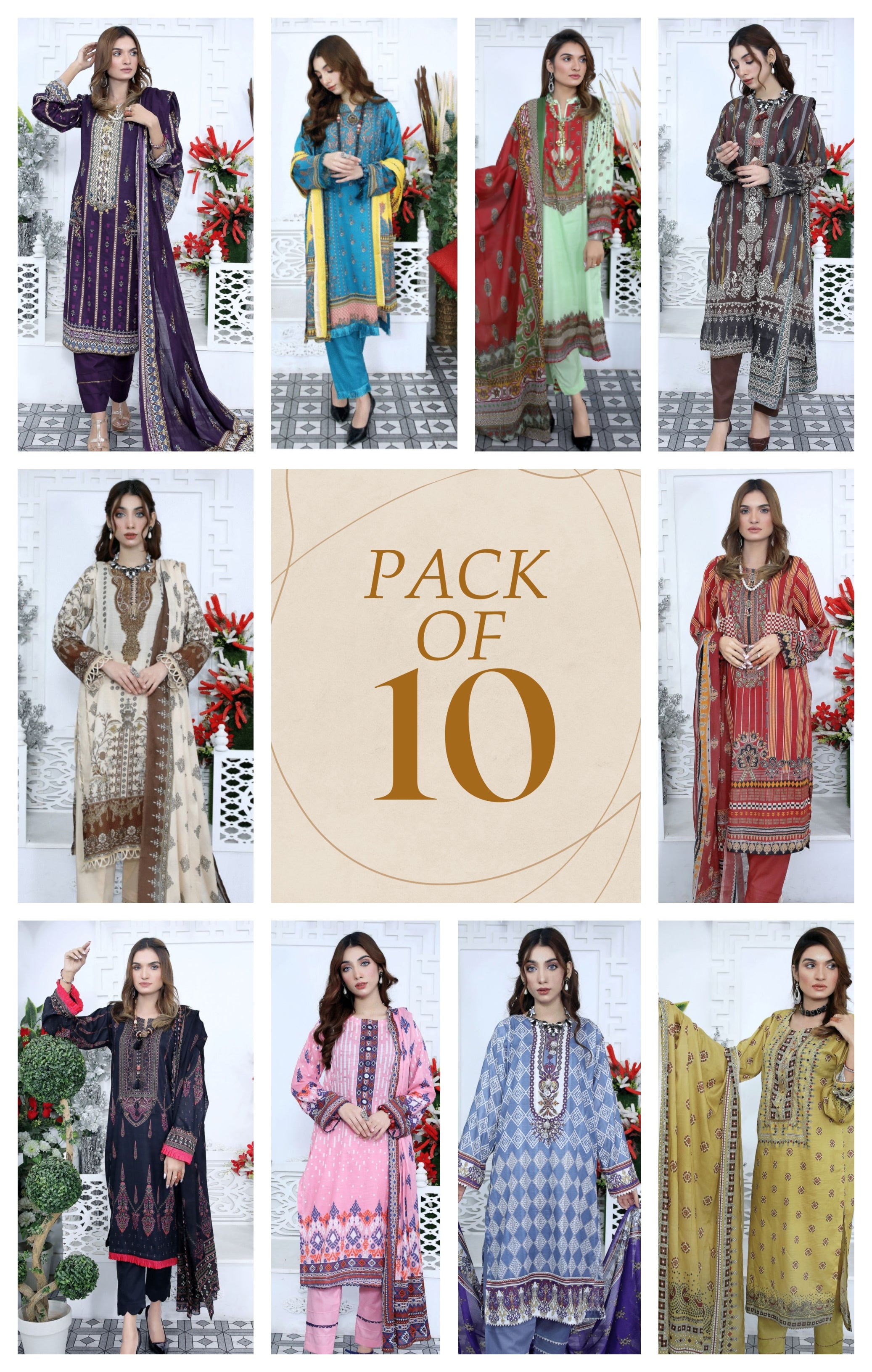 Pack of 10 Bronze 3-Piece Printed Lawn Summer Collection 2024