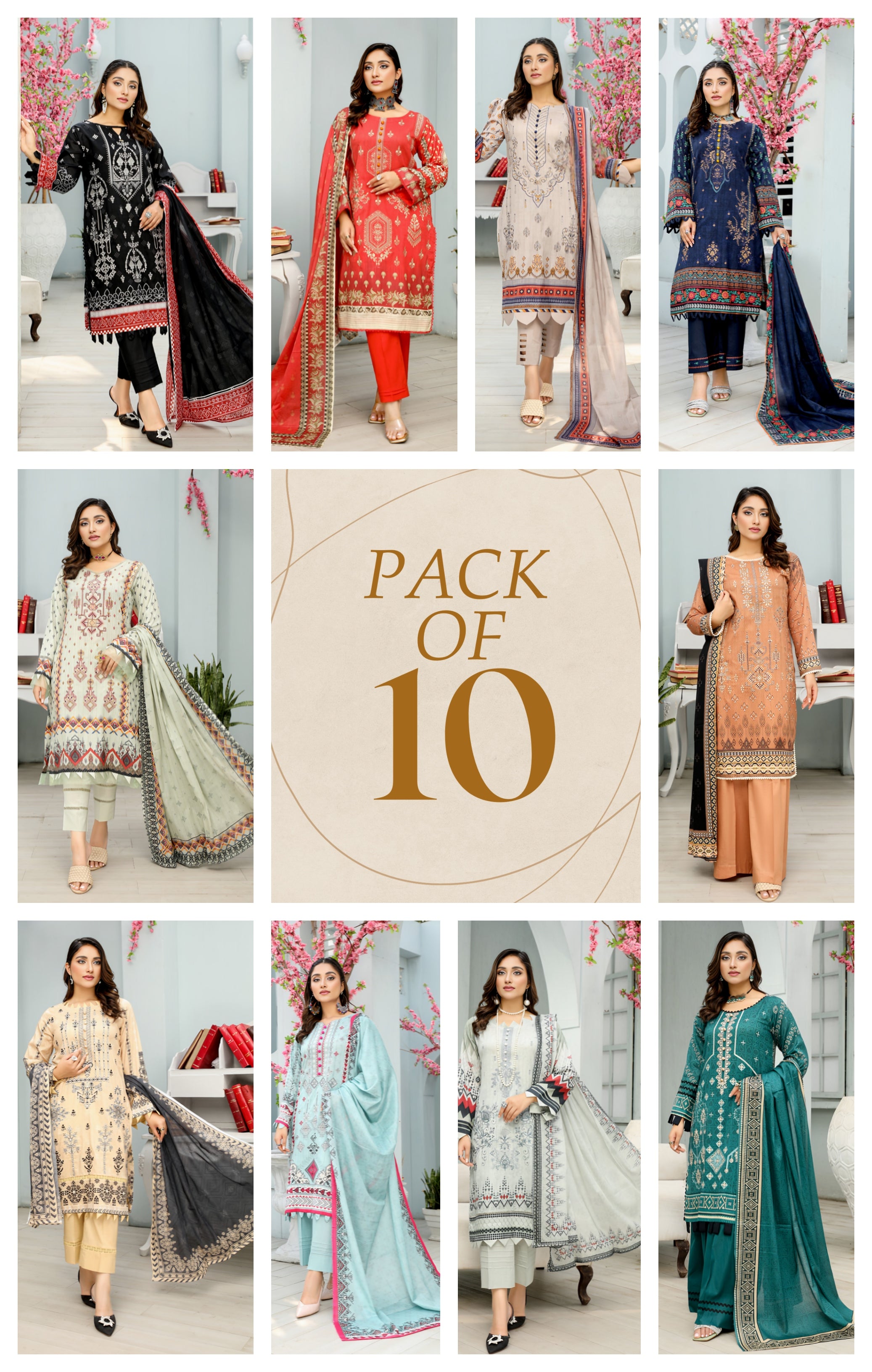 Pack of 10 Zoha 3-Piece Lawn unstitched summer collection 2024
