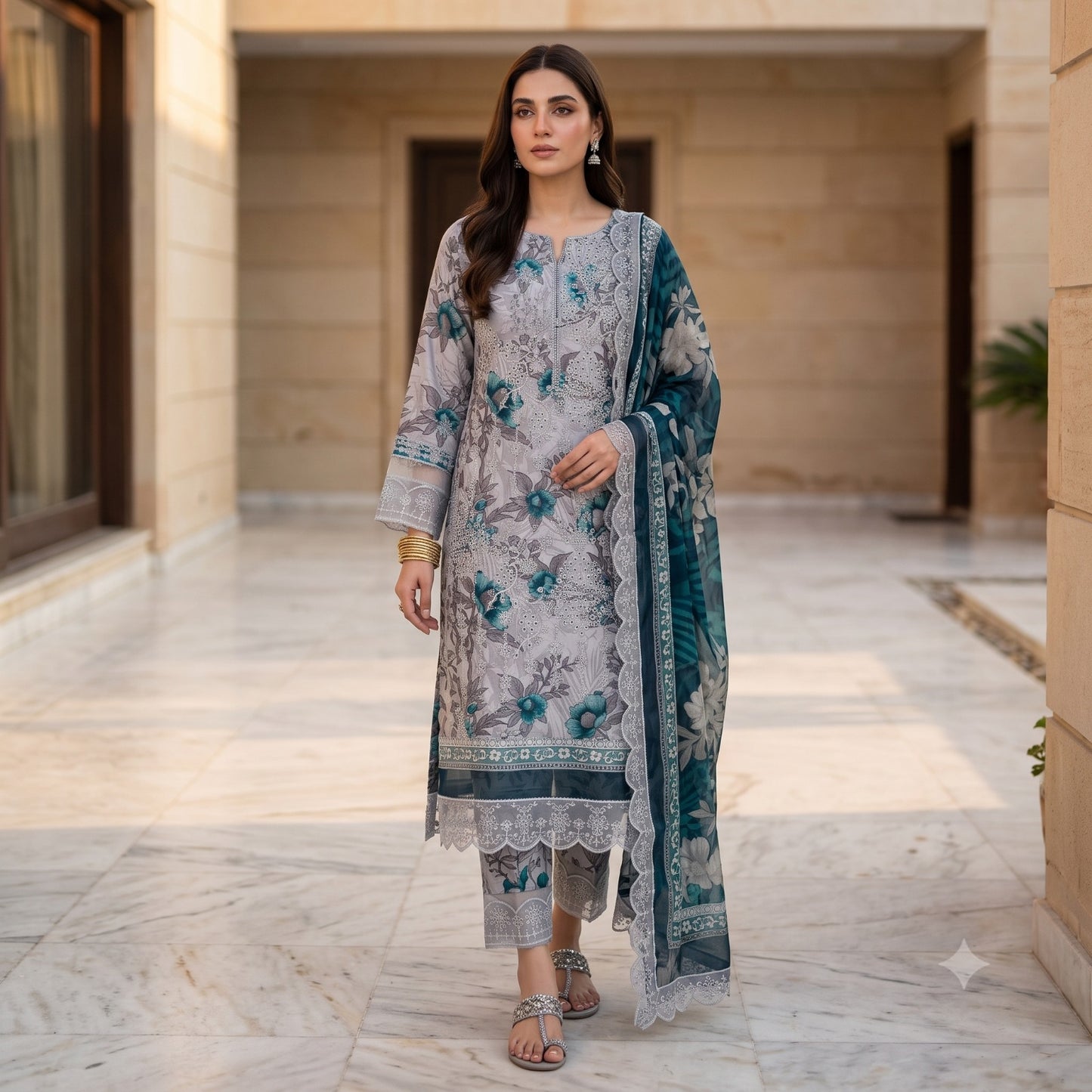Farasha Embroiderd & Digital Printed Lawn With Patches 3PC