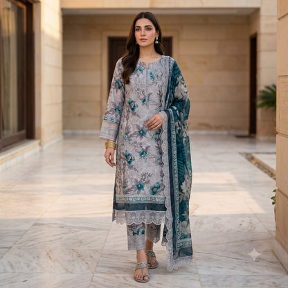 Farasha Embroiderd & Digital Printed Lawn With Patches 3PC