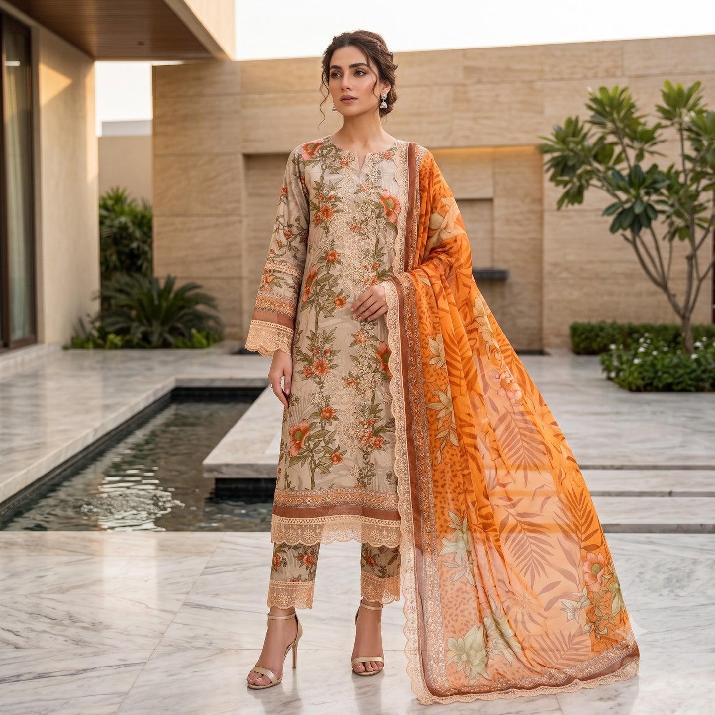 Farasha Embroiderd & Digital Printed Lawn With Patches 3PC