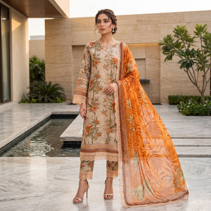Farasha Embroiderd & Digital Printed Lawn With Patches 3PC