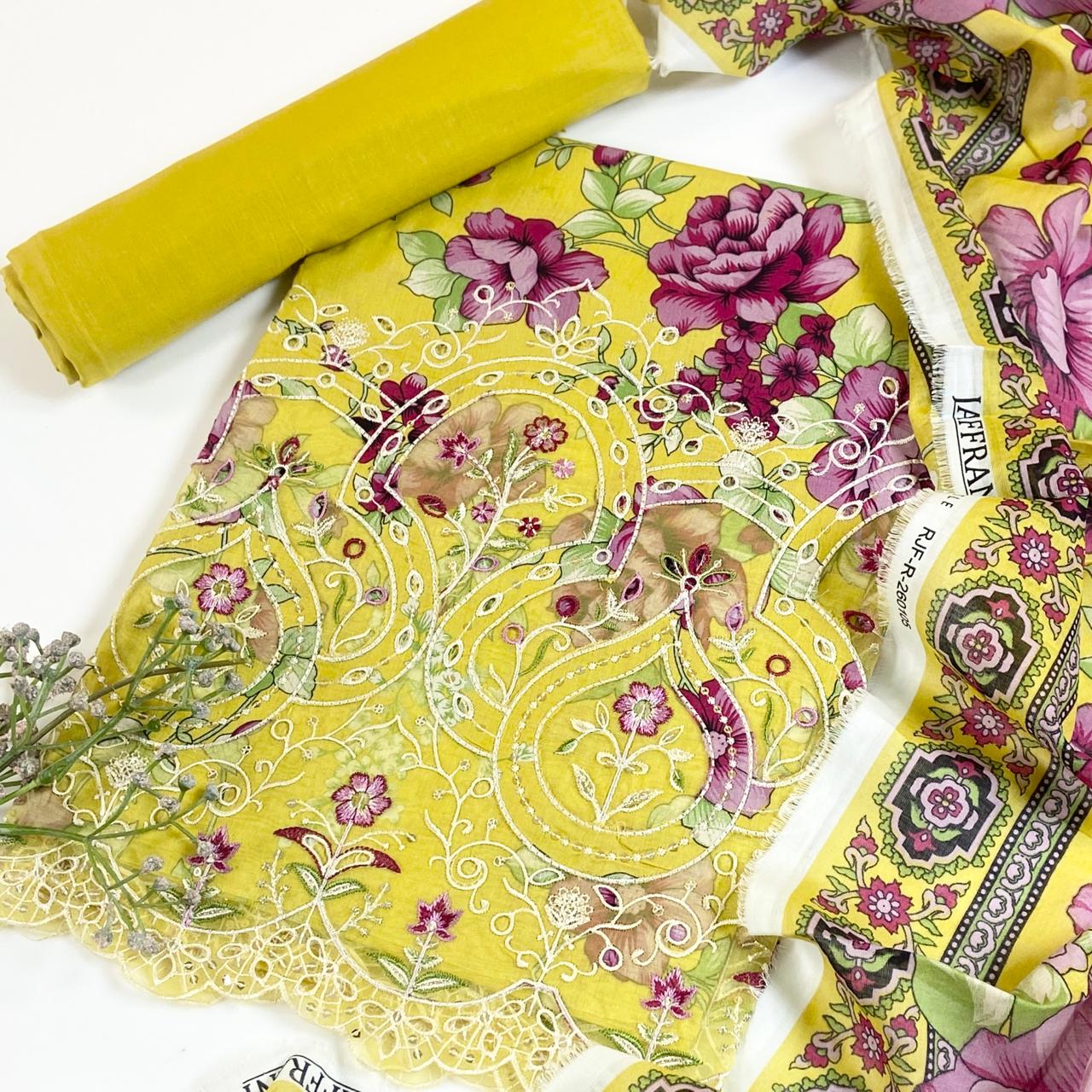 Jaffrani Premium Printed & Emb Laserkari Lawn 3PC