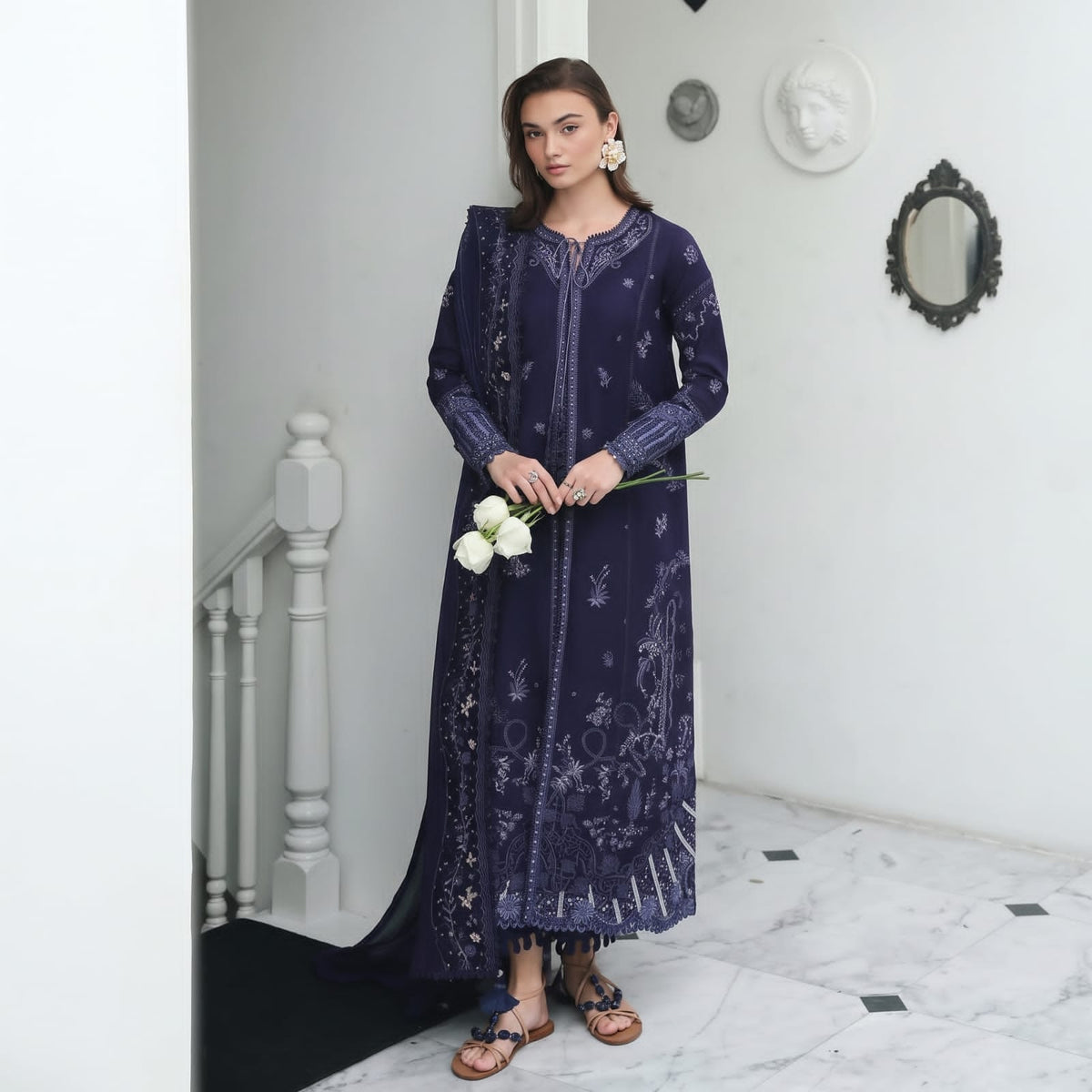 Qalamkar Vol-1 Premium Plain Emb Stitched Viscose With Open Shirt 3PC