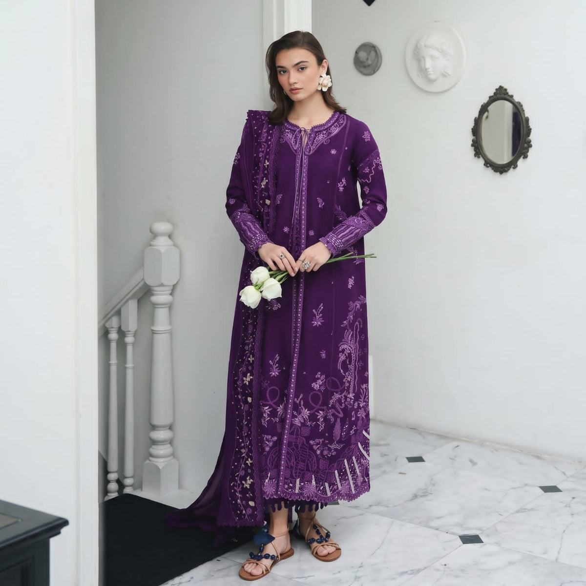 Qalamkar Vol-1 Premium Plain Emb Stitched Viscose With Open Shirt 3PC