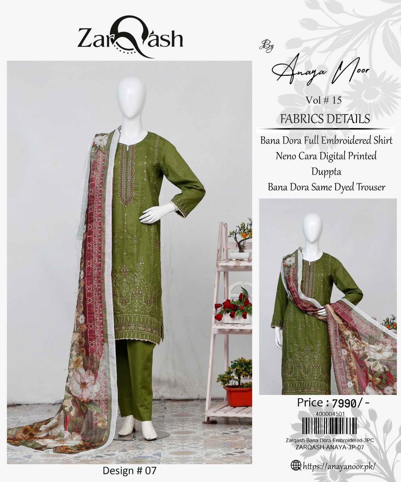 Zarqash By Anaya Noor Bana Dora Emb 3-PC