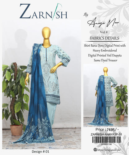 Zarnish By Anaya Noor Heavy Emb Lawn 3PC