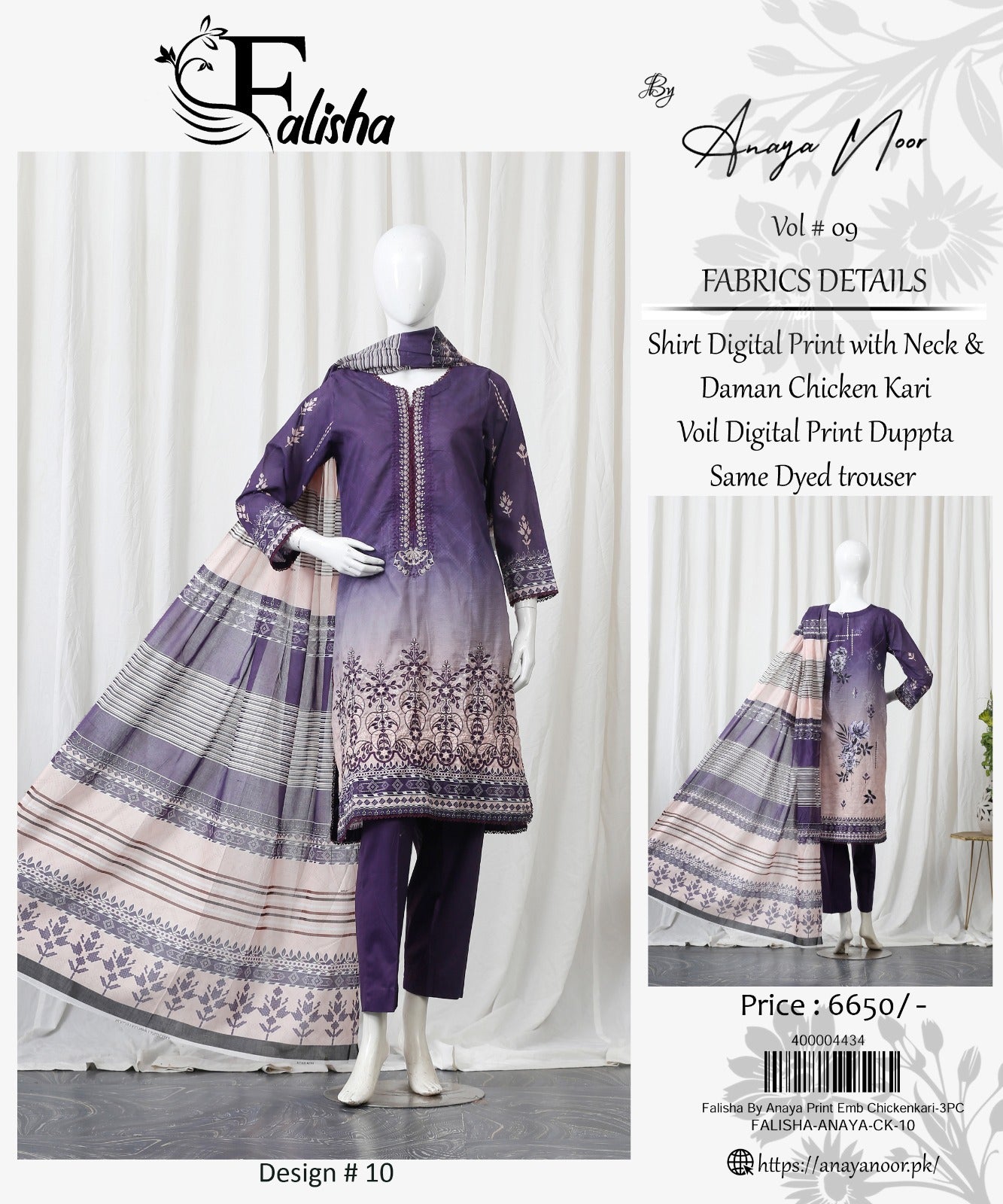 Falisha By Anaya Noor Print Emb Chickenkari 3-PC